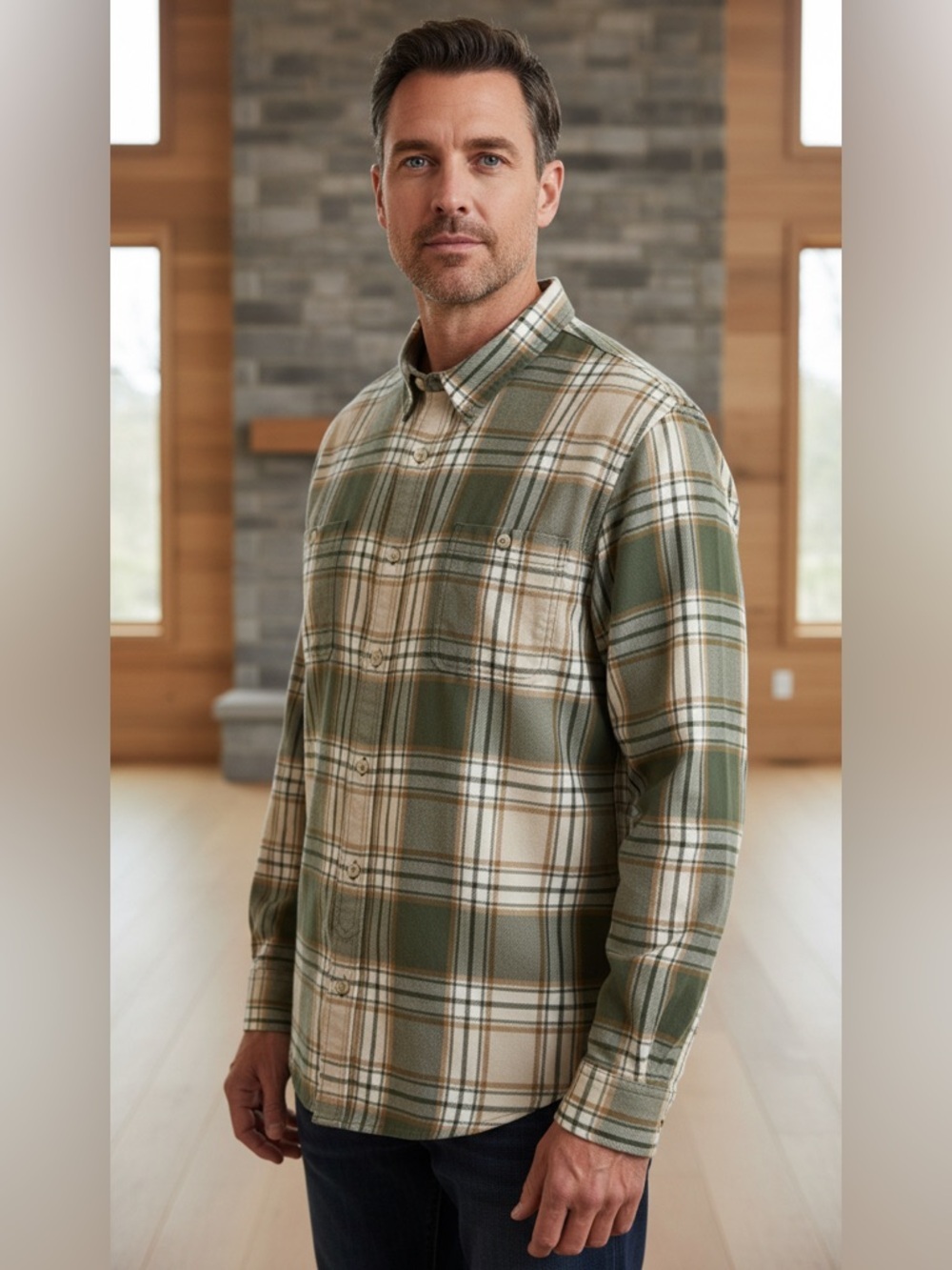 Lucky Brand Green and White Plaid Men's Shirt